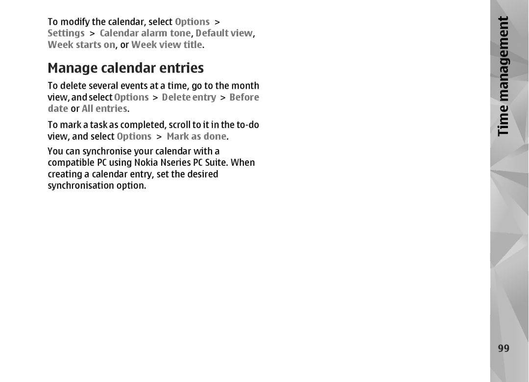 Nokia N82 manual Manage calendar entries 