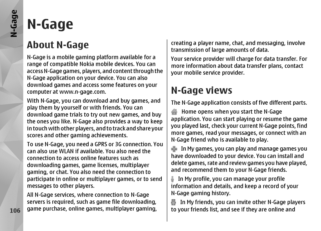 Nokia N85 manual About N-Gage, Gage views, 106 