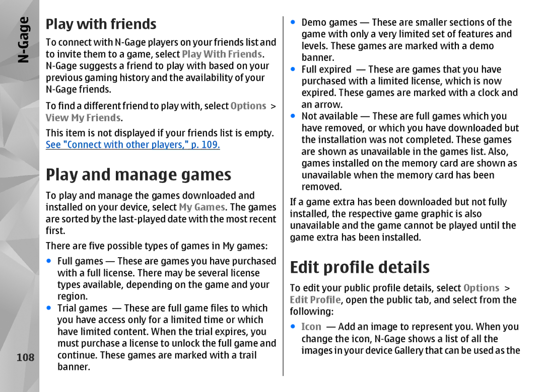 Nokia N85 manual Play and manage games, Edit profile details, Play with friends, 108, View My Friends 