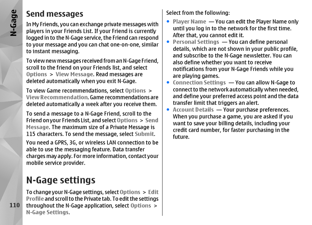 Nokia N85 manual Gage settings, Send messages 