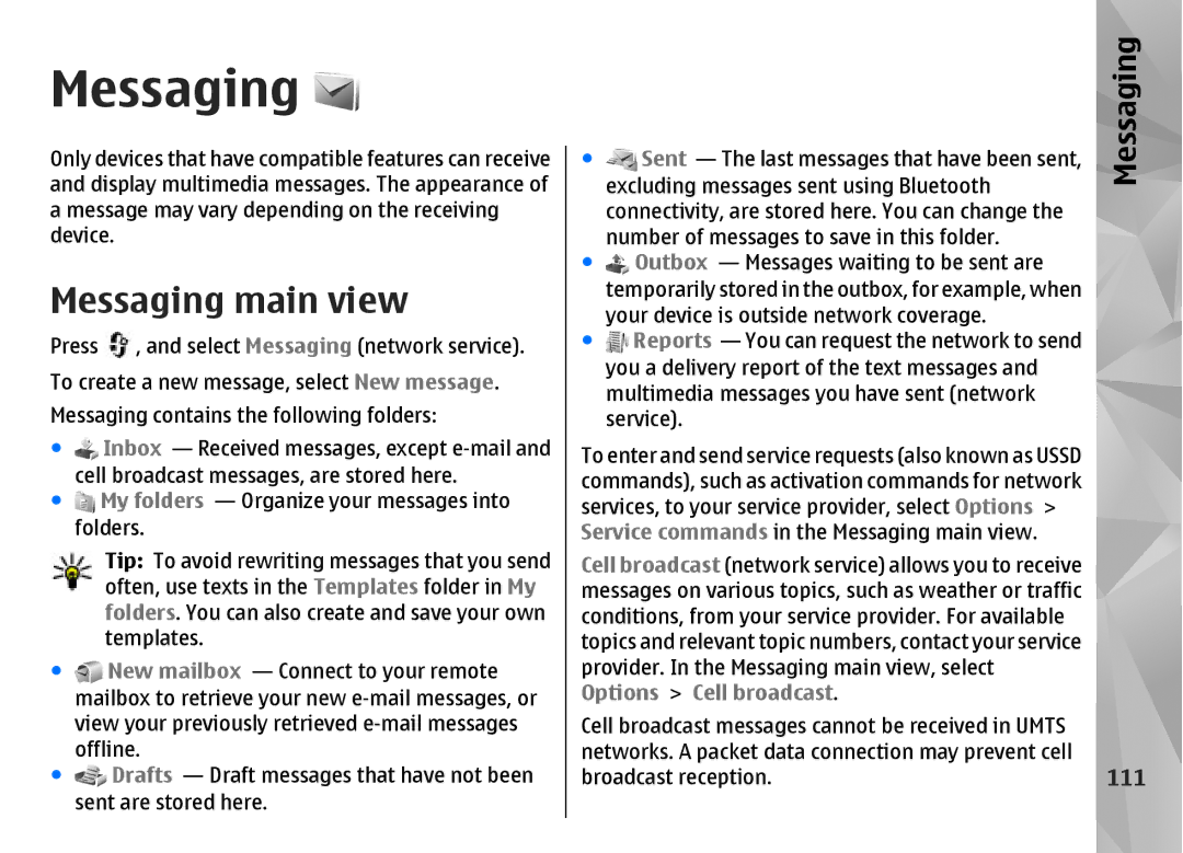 Nokia N85 manual Messaging main view, 111 