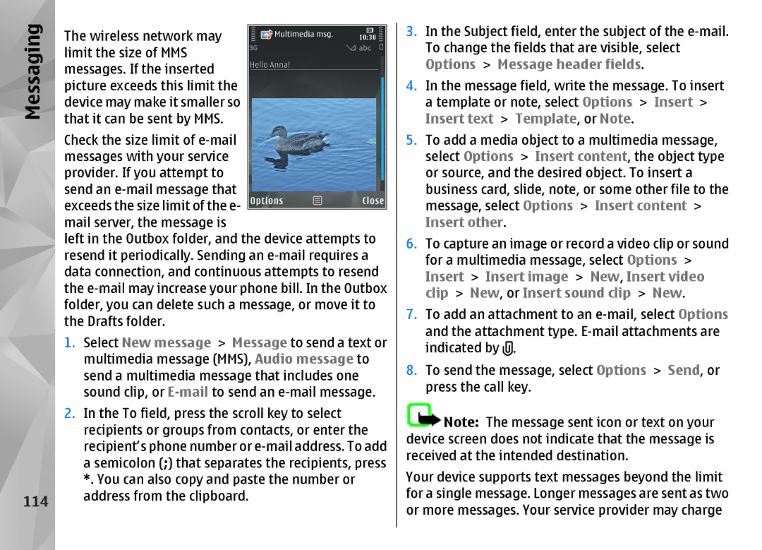 Nokia N85 manual 114, Insert text Template, or Note 