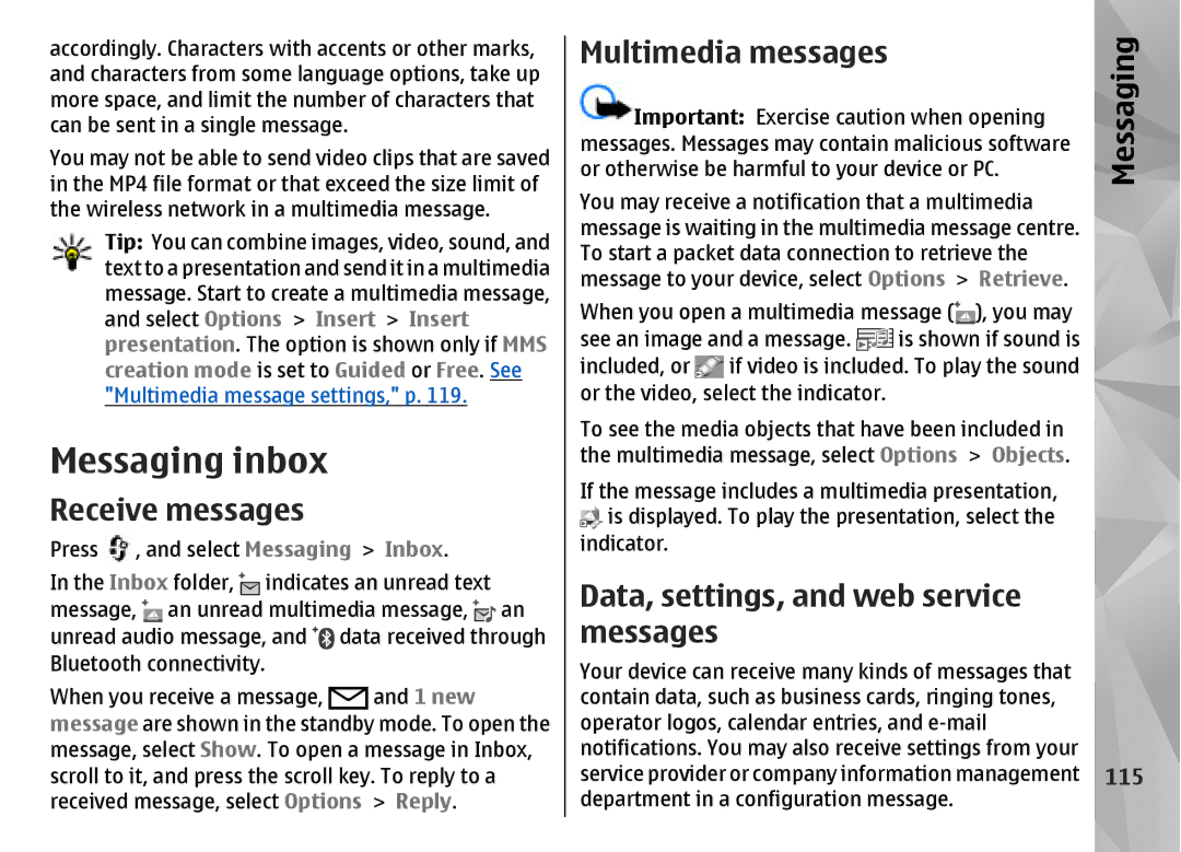 Nokia N85 manual Messaging inbox, Receive messages, Multimedia messages, Data, settings, and web service messages, 115 