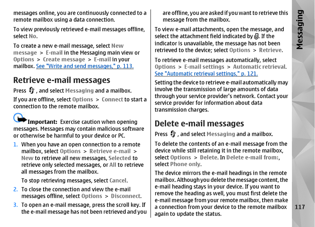 Nokia N85 manual Retrieve e-mail messages, Delete e-mail messages, 117 