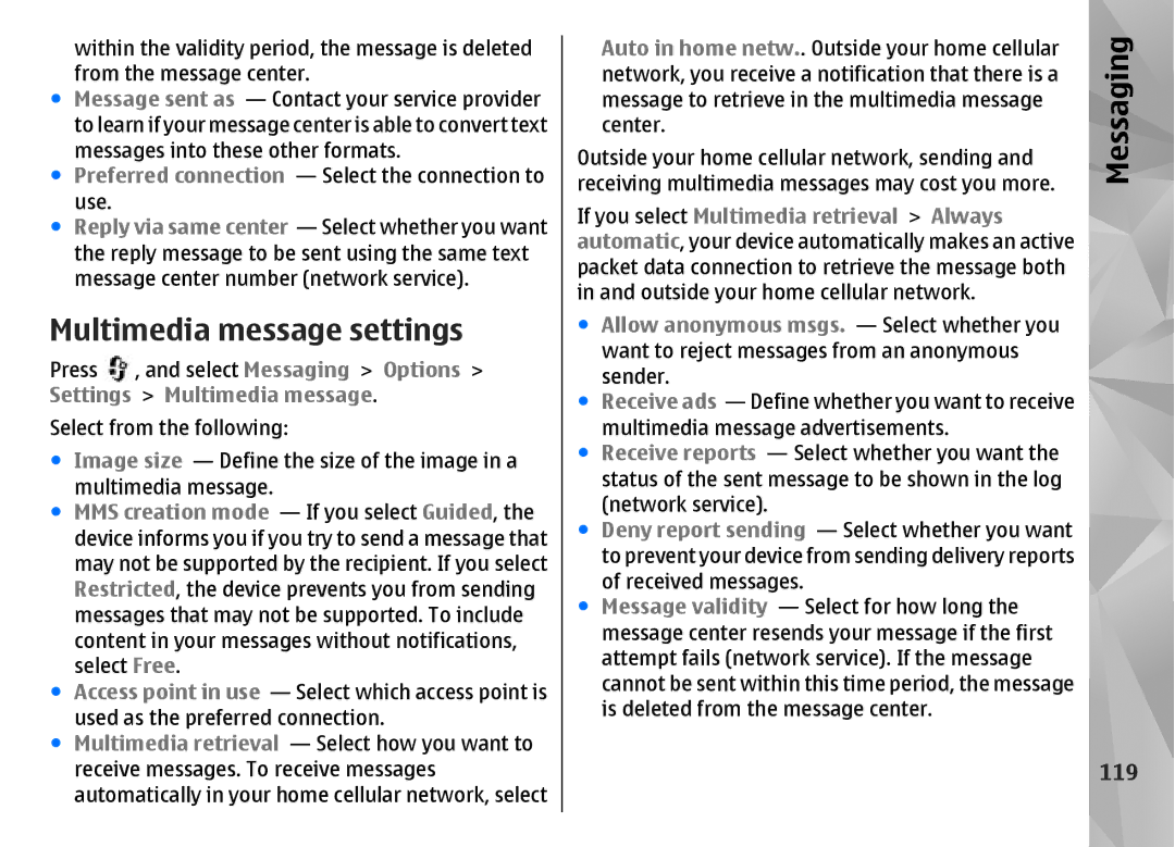 Nokia N85 manual Multimedia message settings, 119 