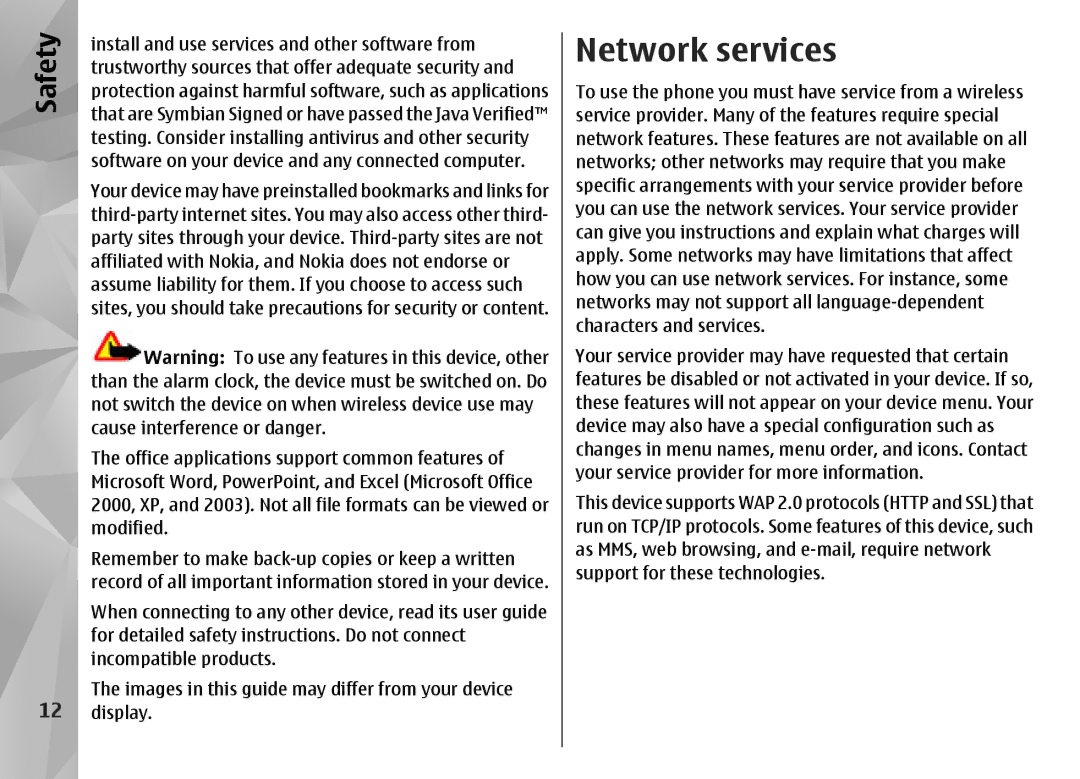 Nokia N85 manual Network services, Safety 