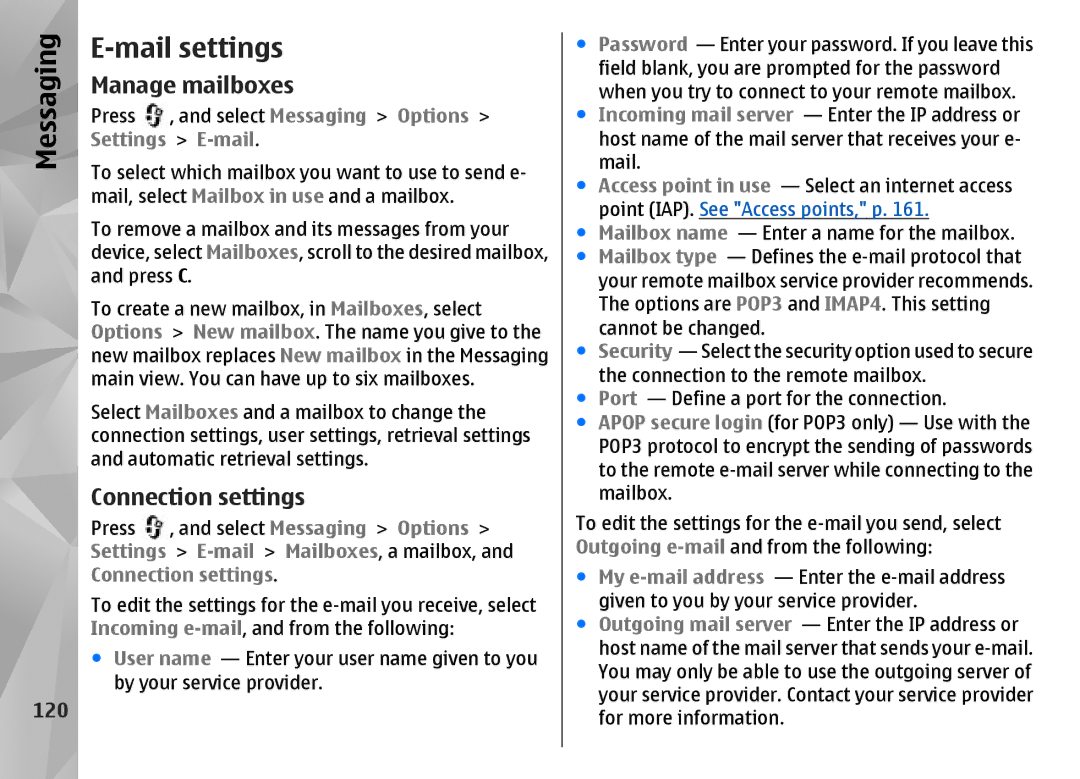 Nokia N85 manual Mail settings, Manage mailboxes, Connection settings, 120 