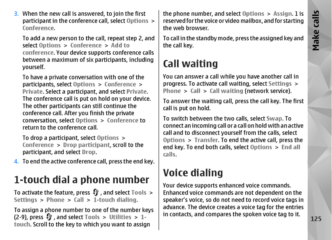 Nokia N85 manual Touch dial a phone number, Call waiting, Voice dialing, Calls, 125 