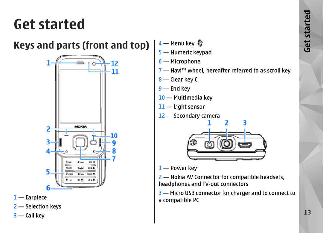 Nokia N85 manual Get started, Keys and parts front and top 