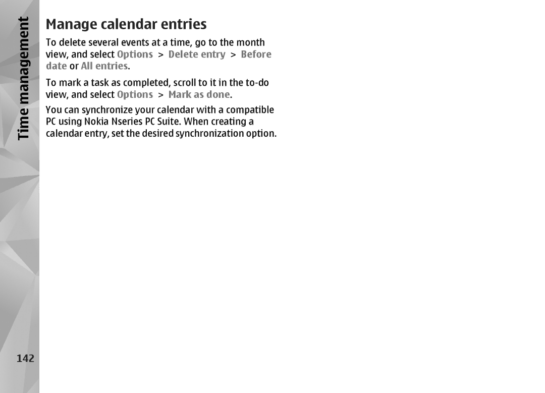 Nokia N85 manual Manage calendar entries, 142 