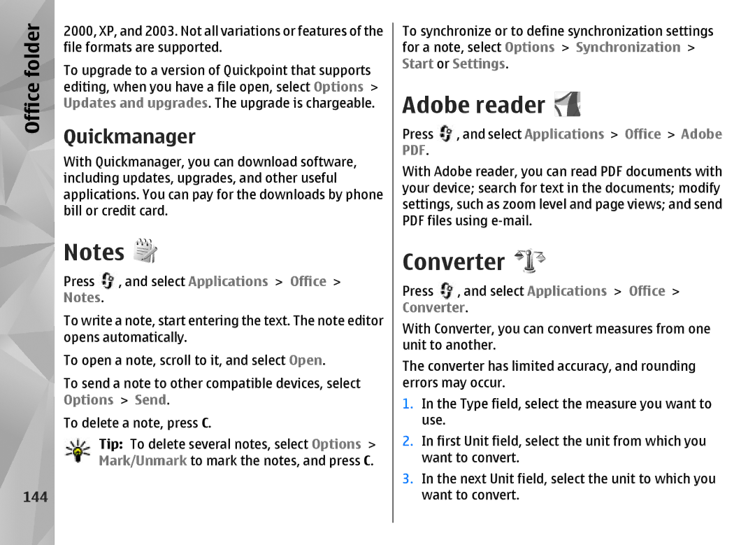 Nokia N85 manual Adobe reader Converter, Quickmanager, 144, Select Applications Office 