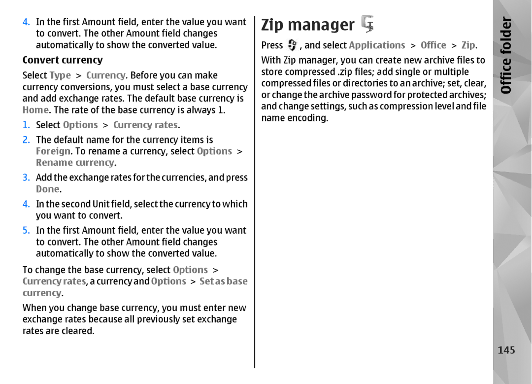 Nokia N85 manual Zip manager, Convert currency, 145, Select Options Currency rates, Rename currency 