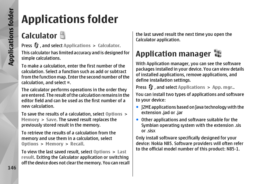 Nokia N85 manual Applications folder, Calculator, Application manager, 146 