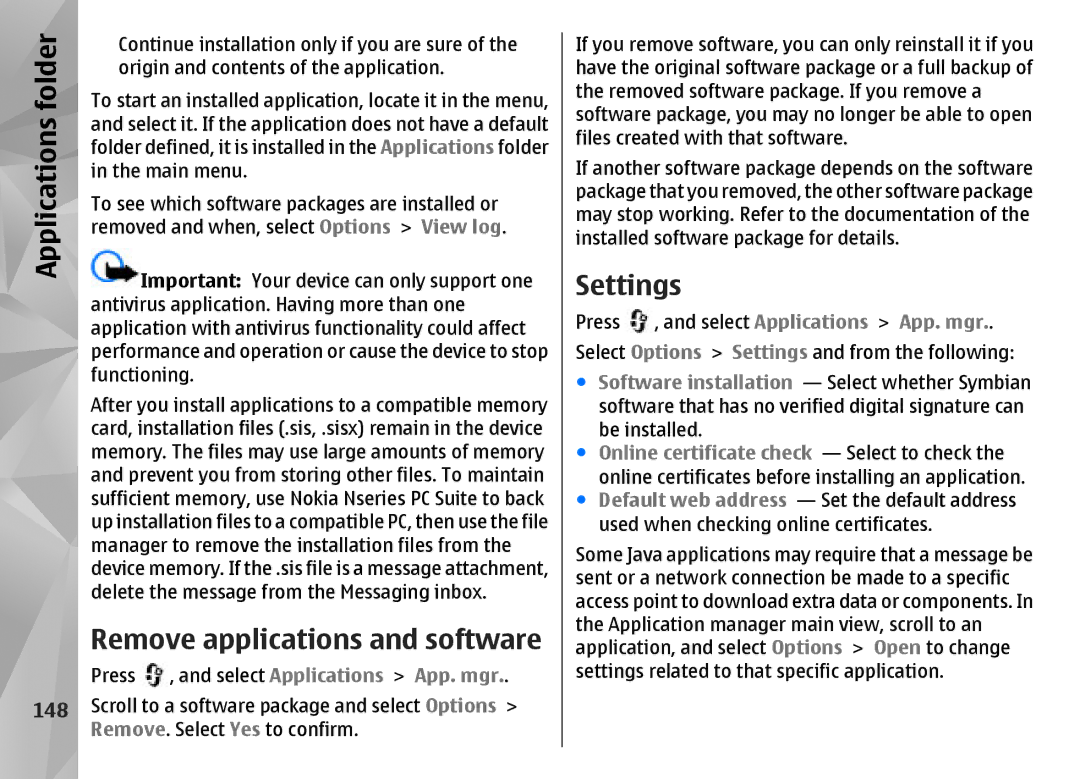 Nokia N85 manual Remove applications and software, Select Applications App. mgr 