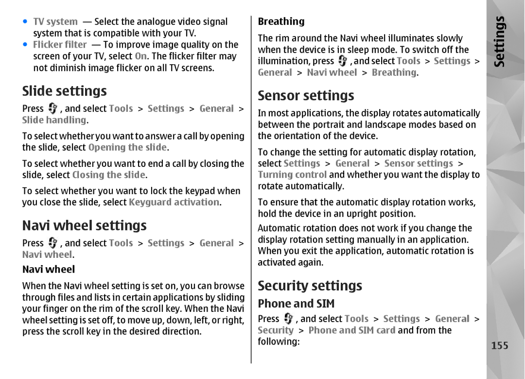 Nokia N85 manual Slide settings, Navi wheel settings, Sensor settings, Security settings, Phone and SIM 