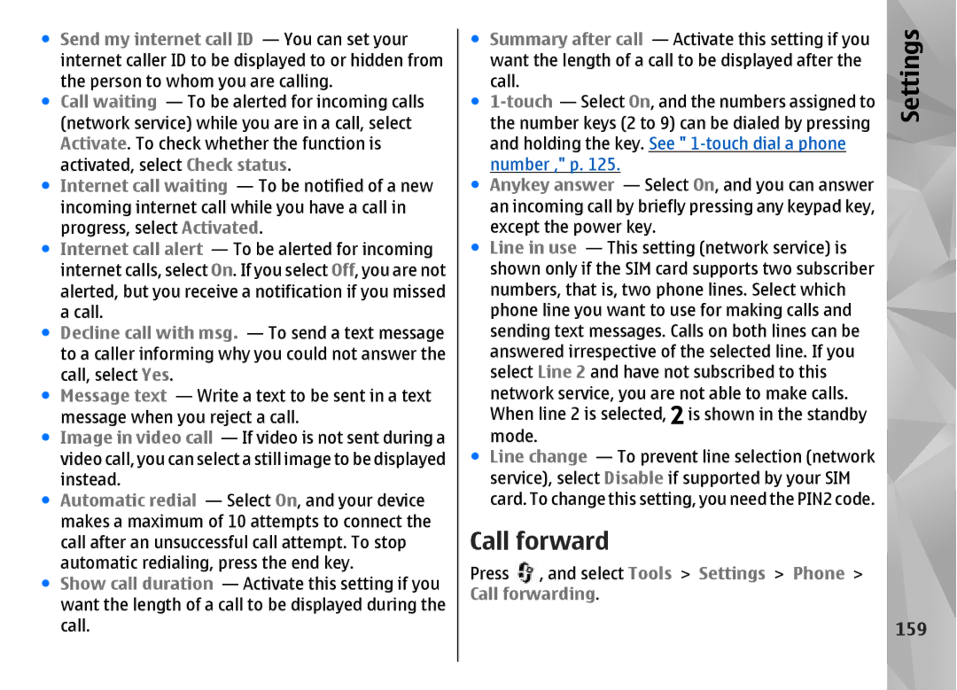 Nokia N85 manual 159, Press , and select Tools Settings Phone Call forwarding 