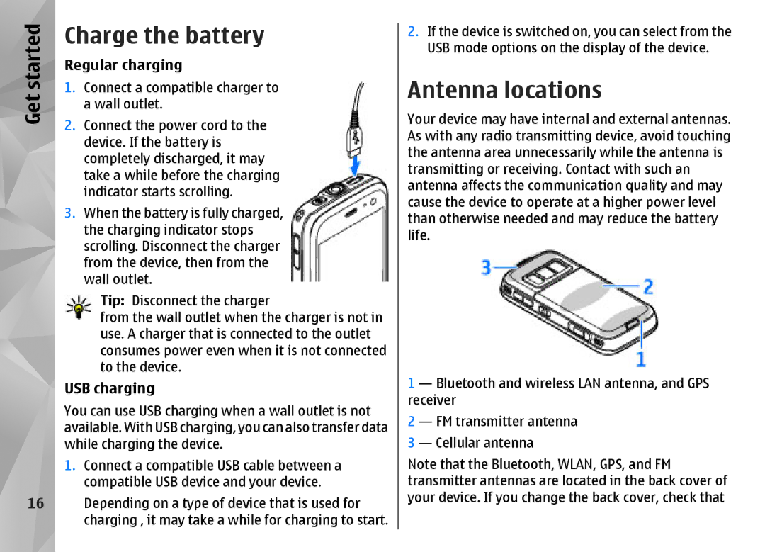 Nokia N85 manual Charge the battery, Antenna locations, Started, Get 