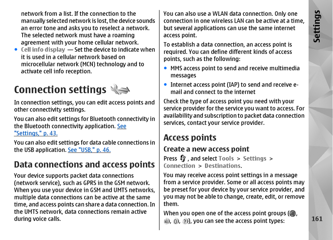 Nokia N85 manual Connection settings, Data connections and access points, Access points, Create a new access point, 161 