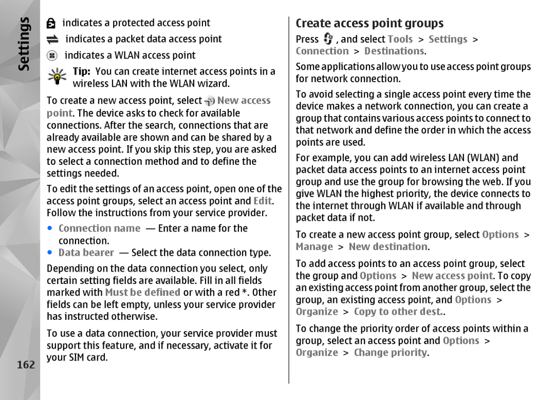 Nokia N85 manual Create access point groups, 162 