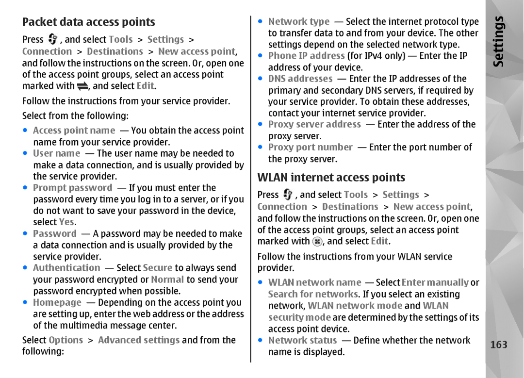 Nokia N85 manual Packet data access points, 163, Connection Destinations New access point 