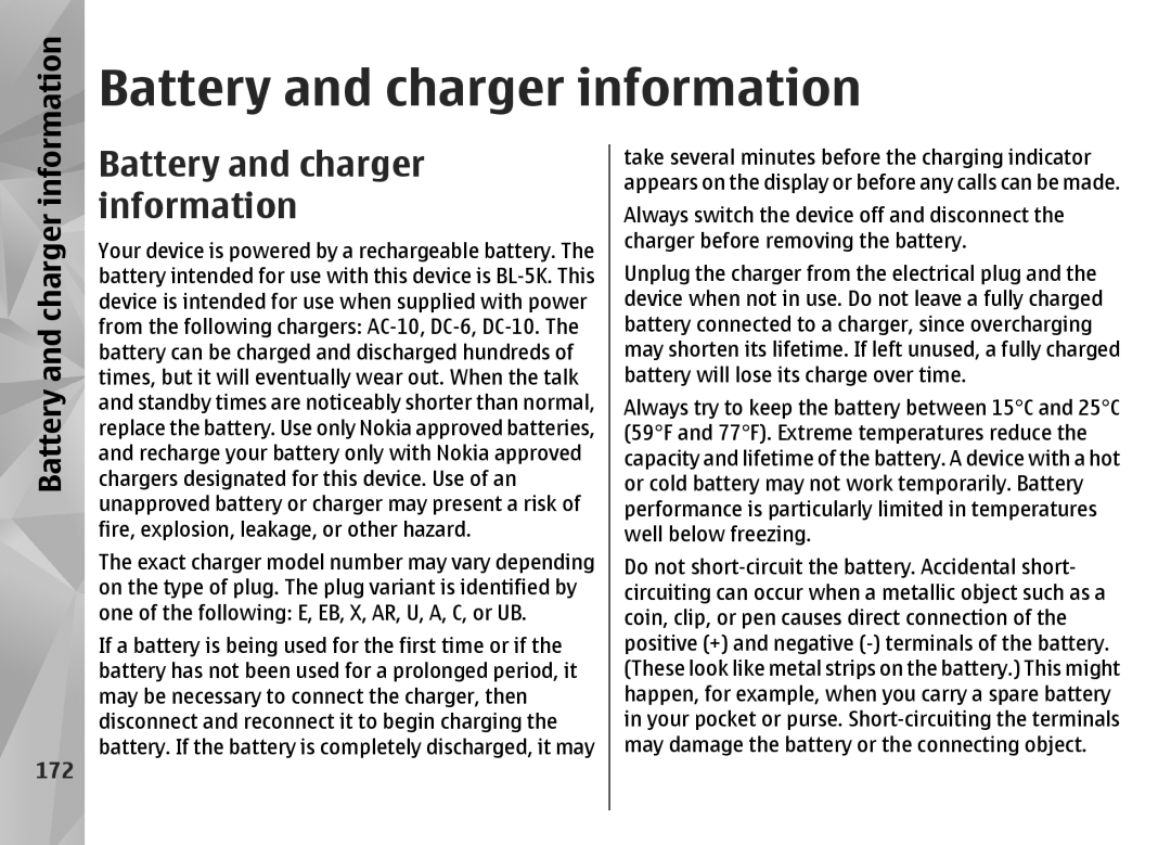 Nokia N85 manual Battery and charger information, Information, 172 