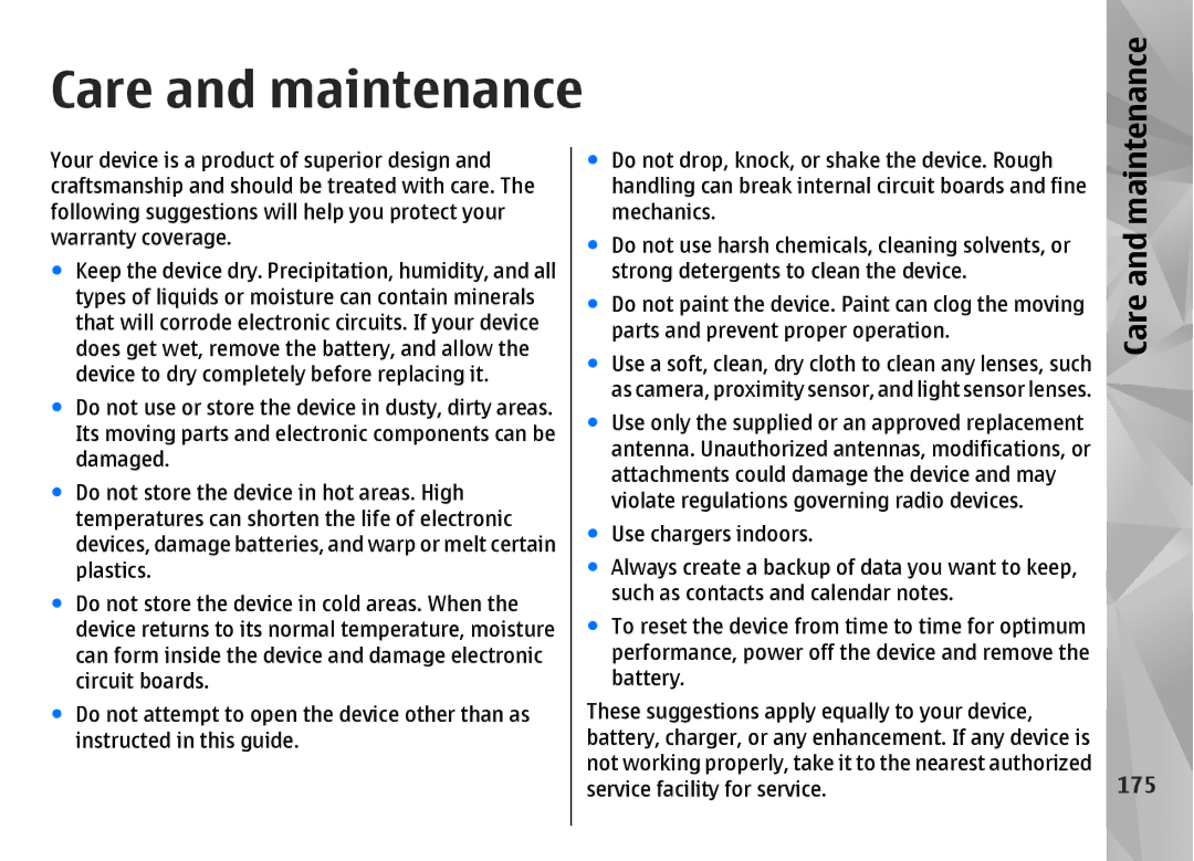 Nokia N85 manual Care and maintenance, Maintenance, 175 