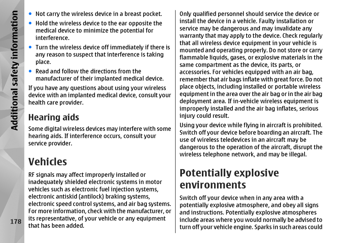 Nokia N85 manual Vehicles, Hearing aids, Potentially explosive environments 