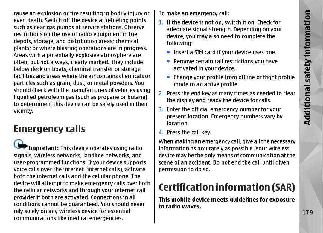 Nokia N85 manual Emergency calls, Certification information SAR, 179 