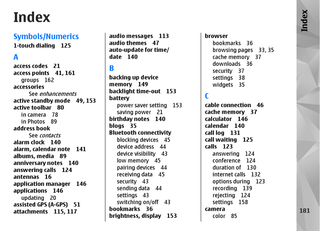 Nokia N85 manual Index, 181 