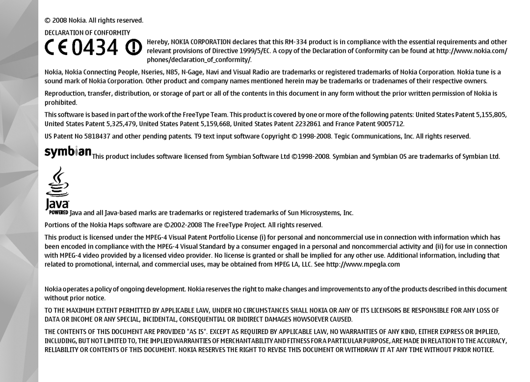 Nokia N85 manual Declaration of Conformity 