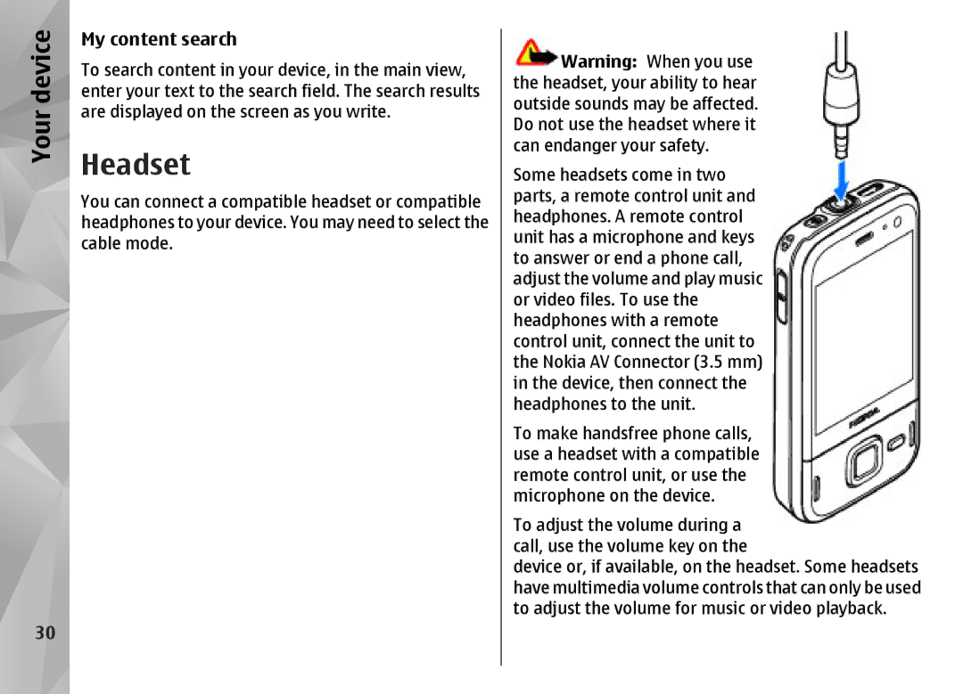 Nokia N85 manual Headset, My content search 