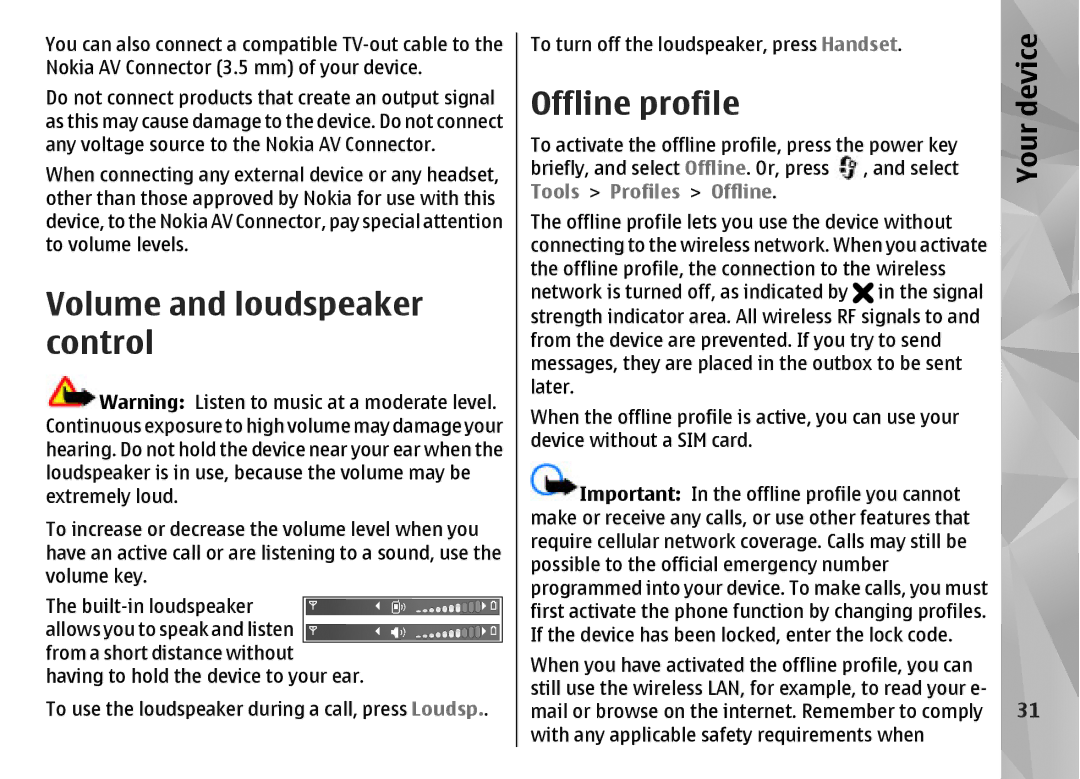 Nokia N85 manual Volume and loudspeaker control, Offline profile, Tools Profiles Offline 