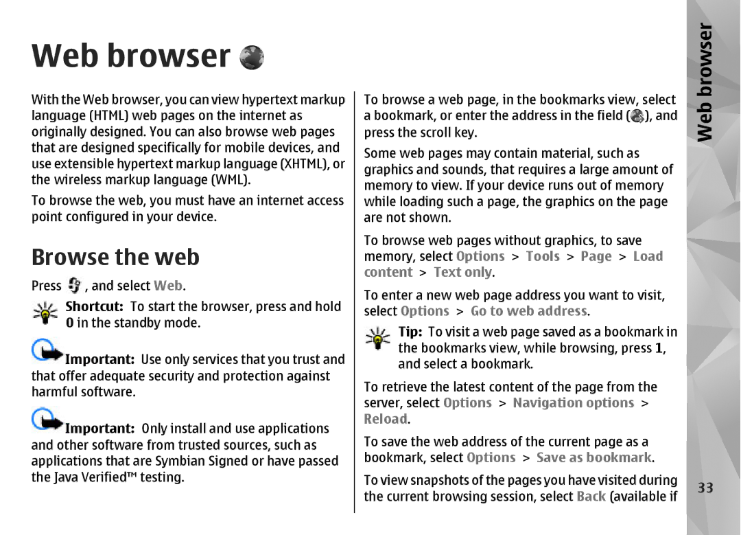 Nokia N85 manual Web browser, Browse the web 