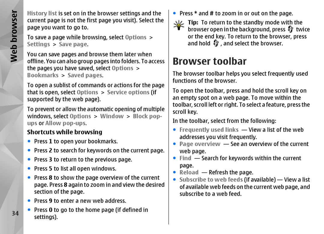 Nokia N85 manual Browser toolbar, Shortcuts while browsing 