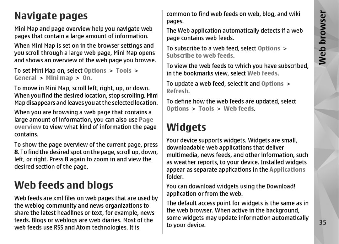 Nokia N85 manual Navigate pages, Web feeds and blogs, Widgets 