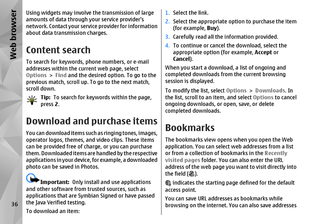 Nokia N85 manual Content search, Bookmarks, Web 