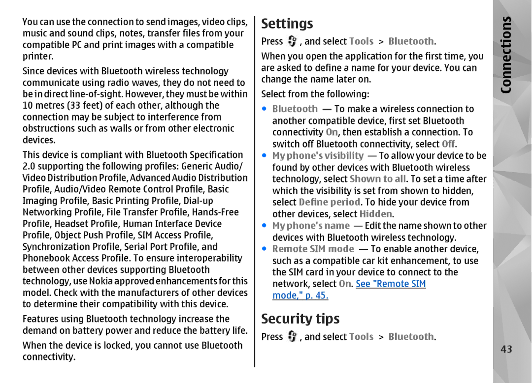 Nokia N85 manual Settings, Security tips 