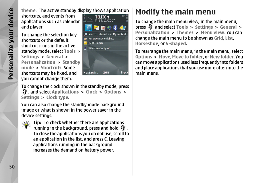 Nokia N85 manual Modify the main menu, Settings Clock type 