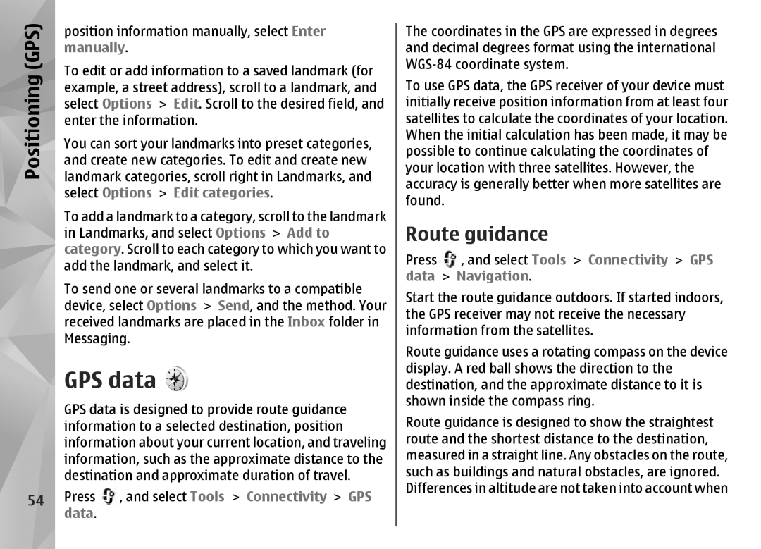 Nokia N85 manual GPS data, Route guidance 