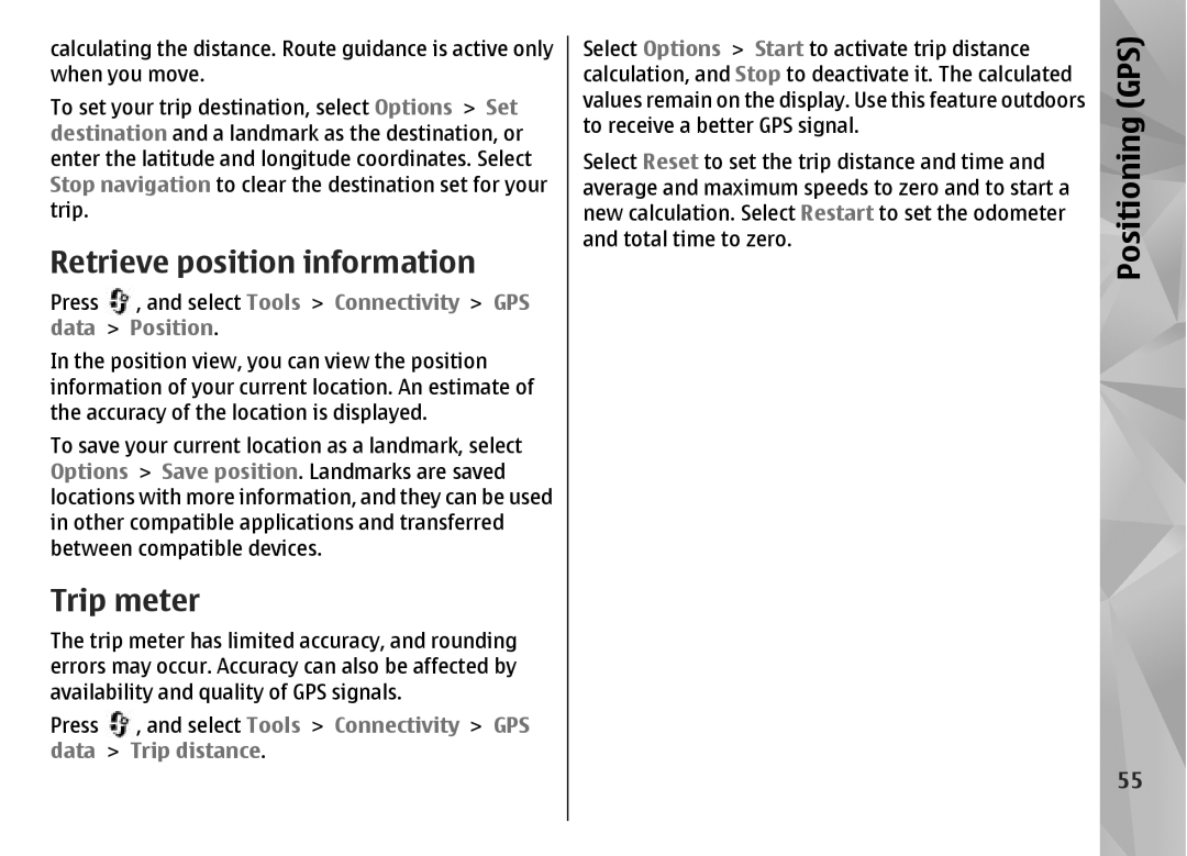 Nokia N85 manual Retrieve position information, Trip meter, Data Position 