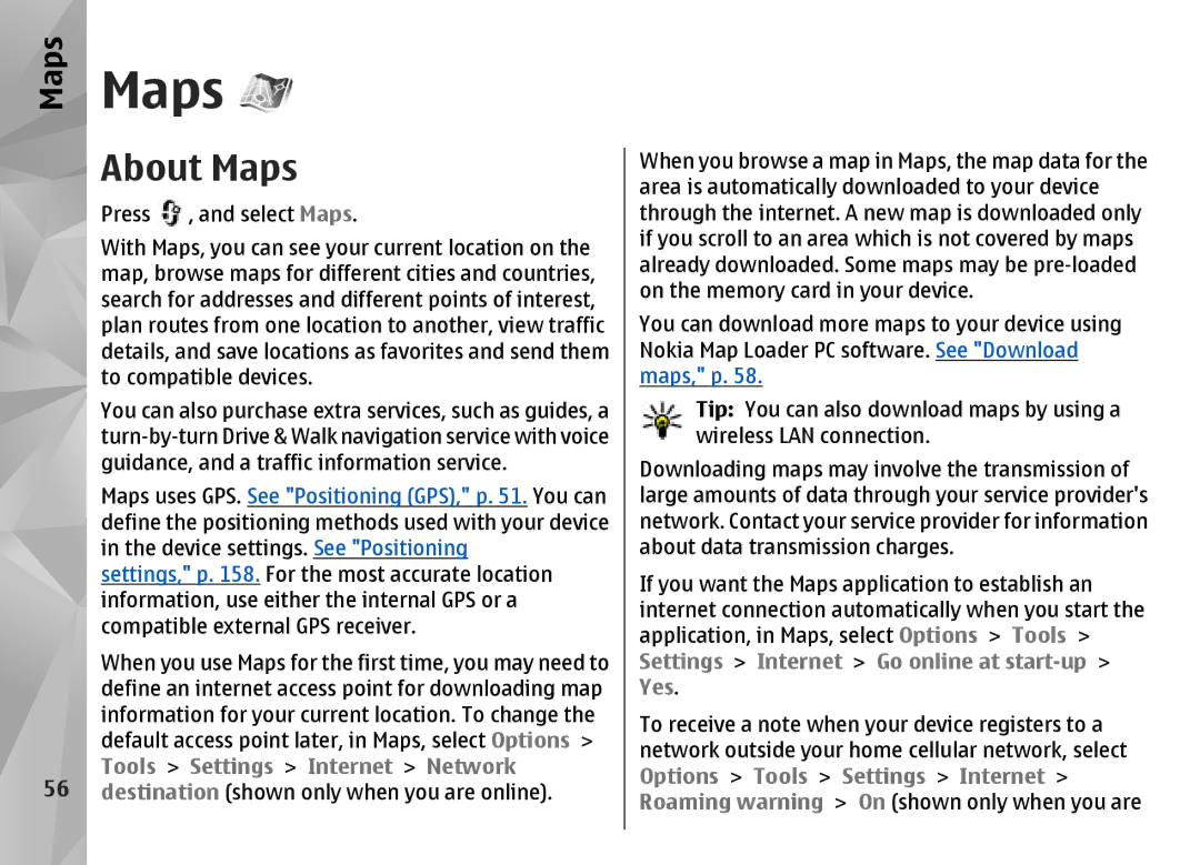 Nokia N85 manual About Maps, Tools Settings Internet Network 