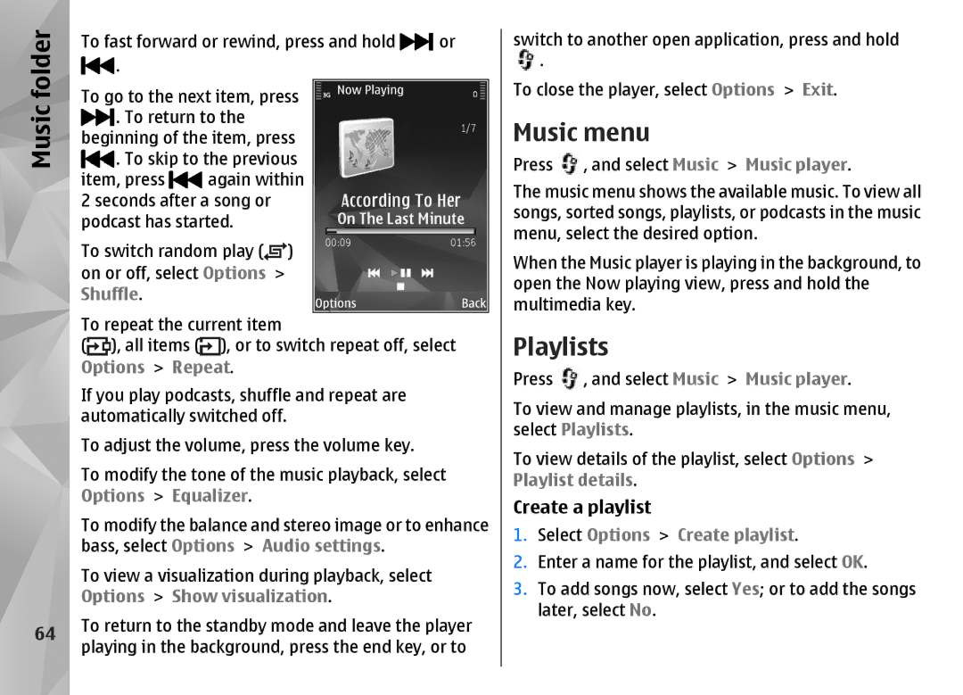 Nokia N85 manual Folder, Music menu, Playlists, Create a playlist 