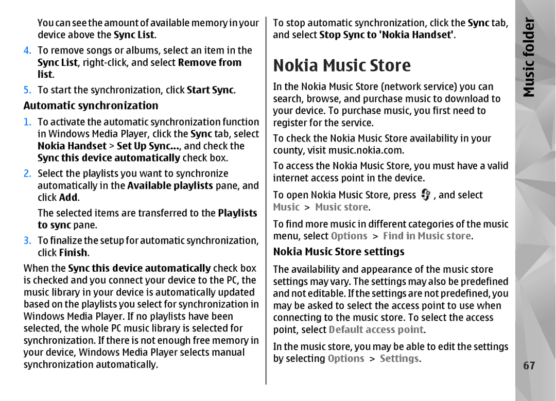 Nokia N85 manual Automatic synchronization, Nokia Music Store settings, Music Music store 