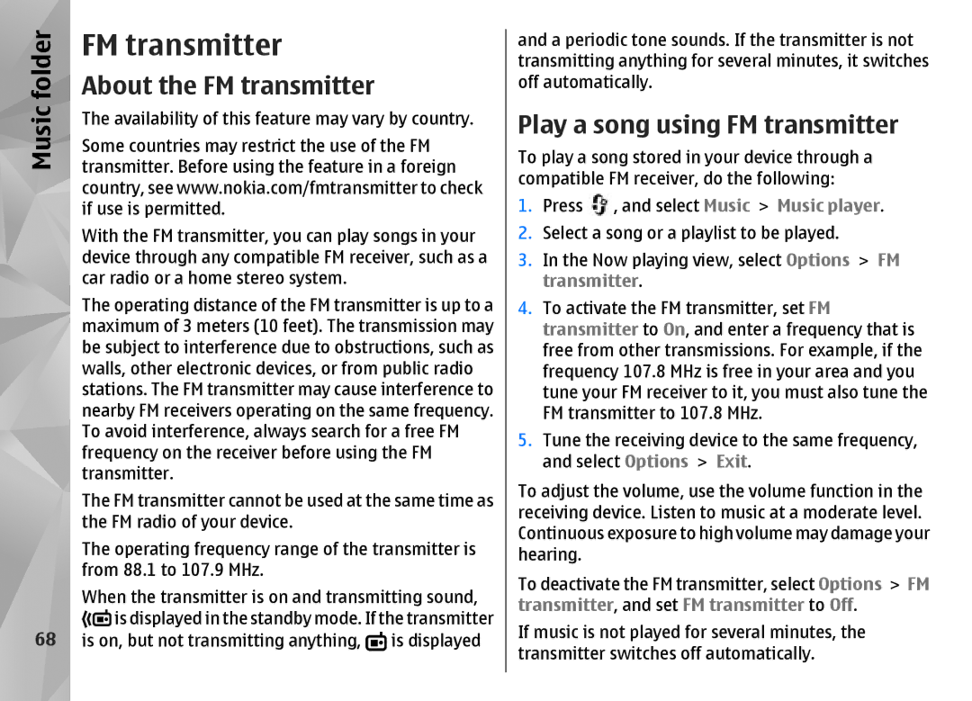 Nokia N85 manual About the FM transmitter, Play a song using FM transmitter 