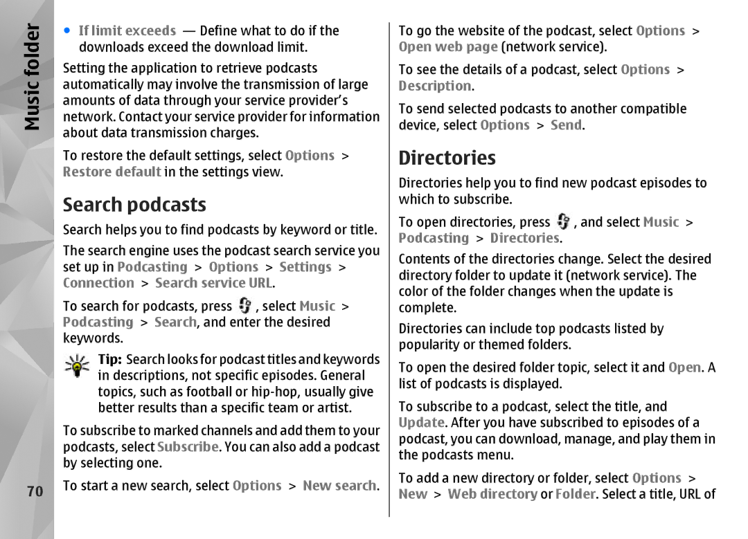 Nokia N85 manual Search podcasts, Podcasting Directories 