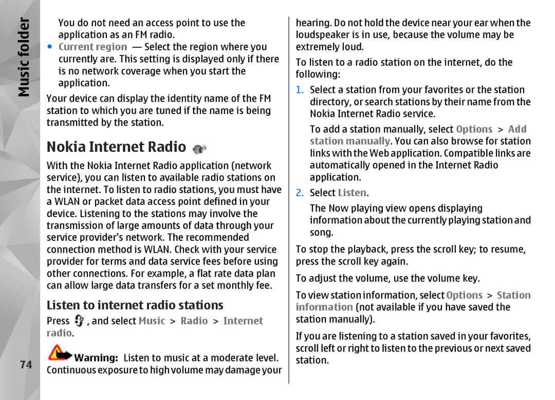 Nokia N85 manual Nokia Internet Radio, Listen to internet radio stations, Select Music Radio Internet 