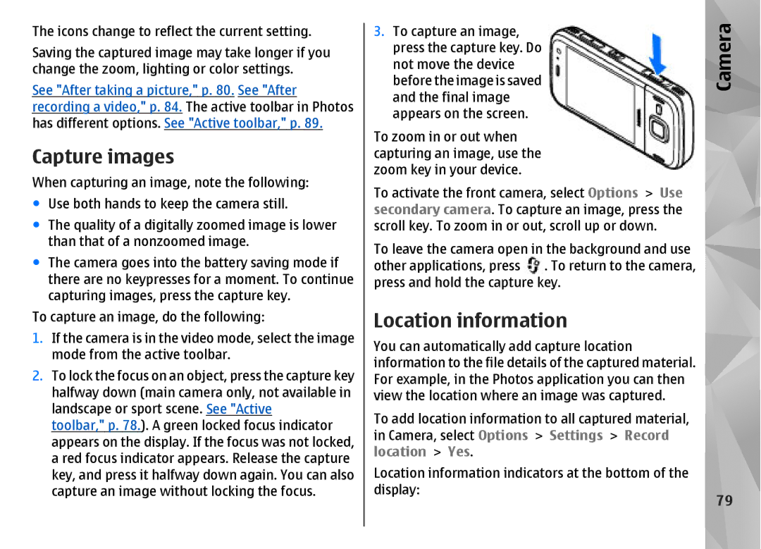 Nokia N85 manual Capture images, Location information 