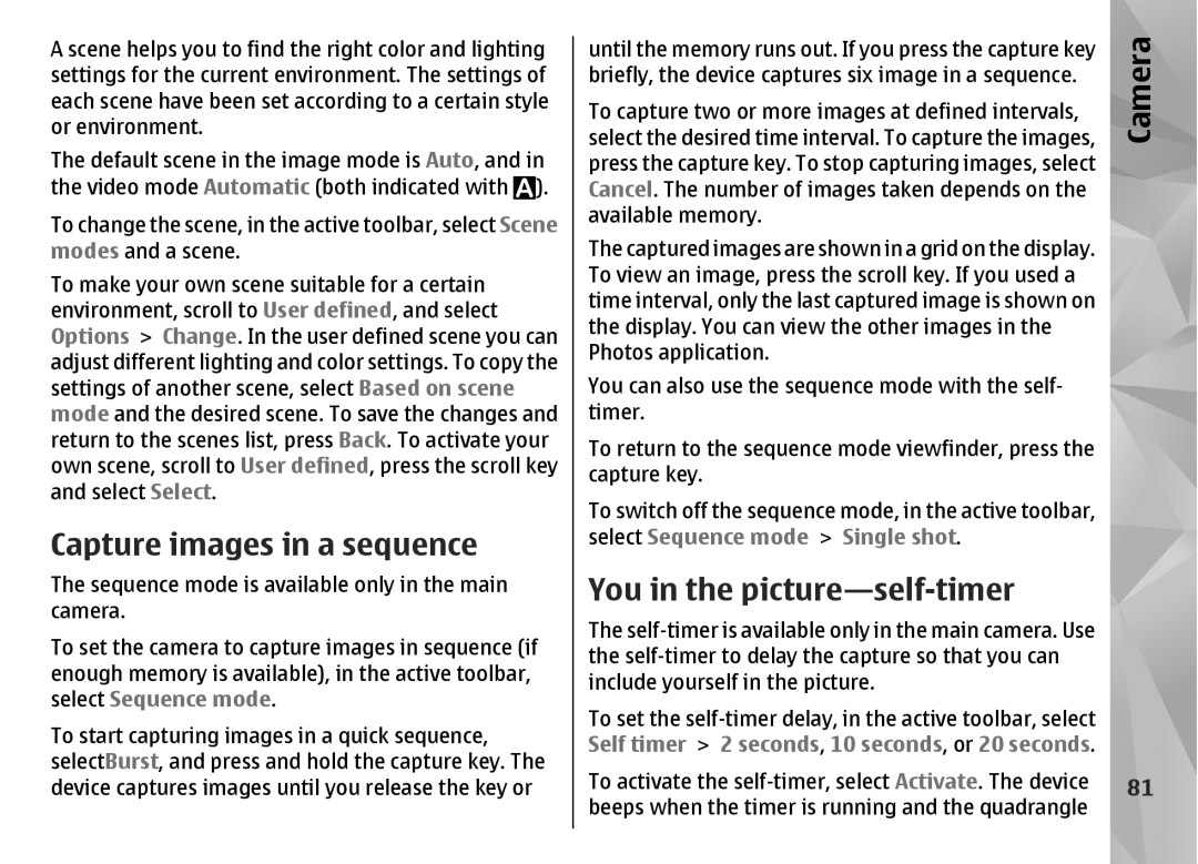 Nokia N85 manual Capture images in a sequence, You in the picture-self-timer 