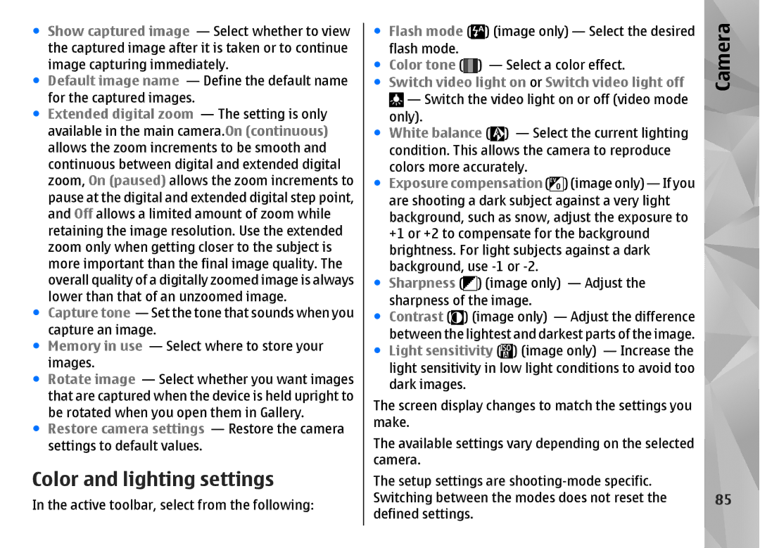 Nokia N85 manual Color and lighting settings 