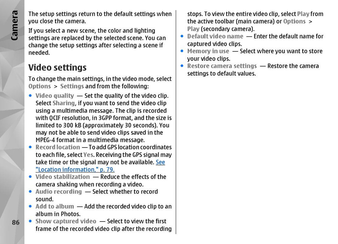 Nokia N85 manual Video settings, Camera 